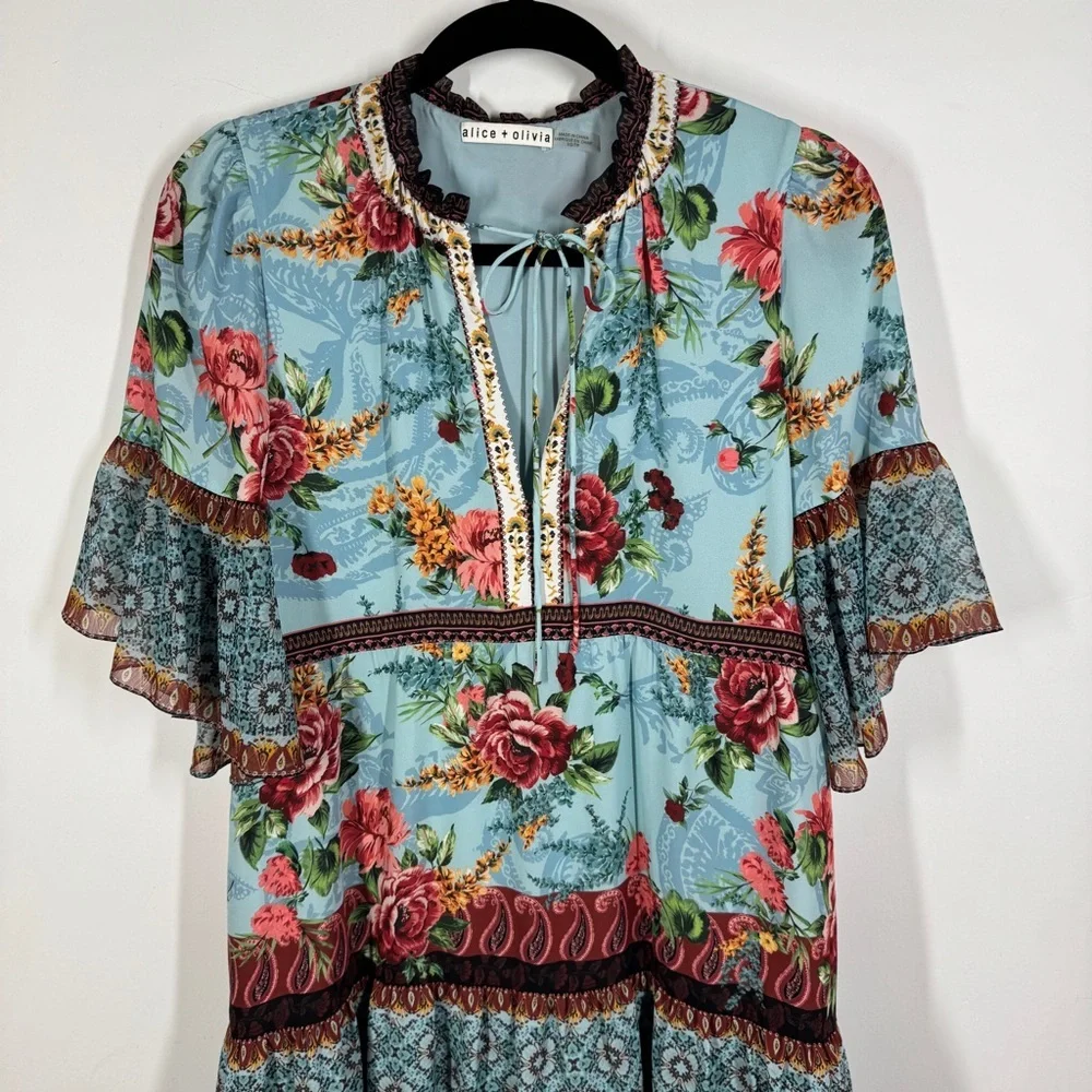 Alice + Olivia Blue Floral Boho Dress Size XS Ruffle Sleeve Tie Neck - Picture 11 of 16